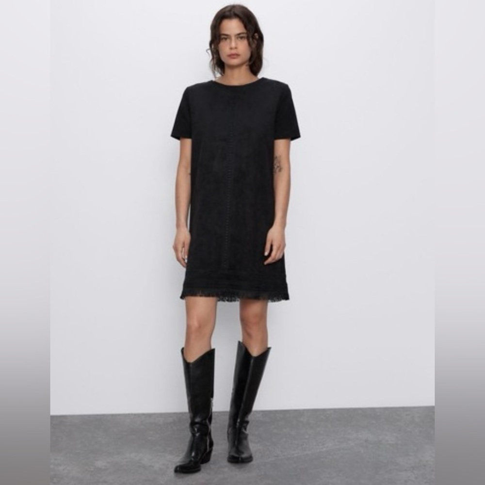 ZARA Black FAUX SUEDE SHIFT DRESS Mini embroidered fringe